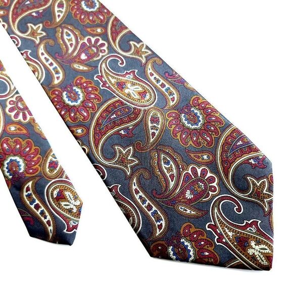 Geoffrey Beene‎ Gray Red Orange Paisley Print Wide Silk Tie - Picture 1 of 6